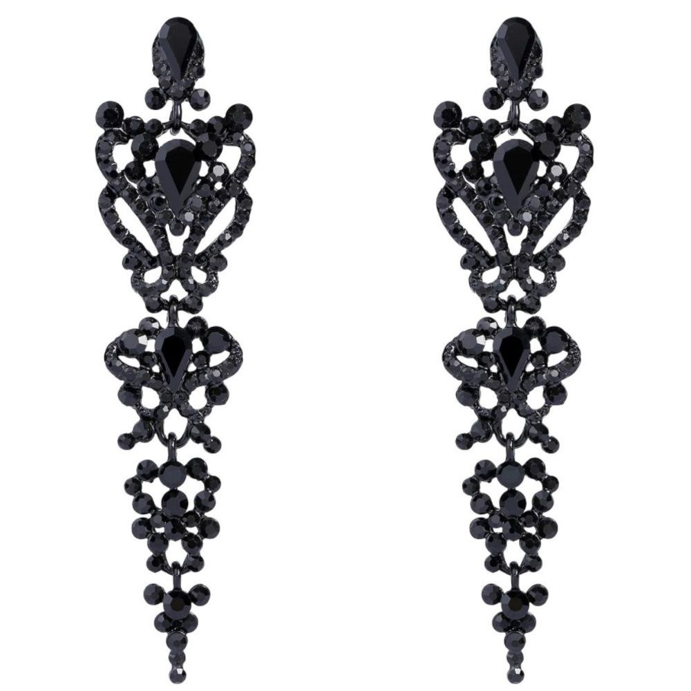 Carbon Black With Black Onyx Austrian Crystal Floral Knot Chandelier Earrings